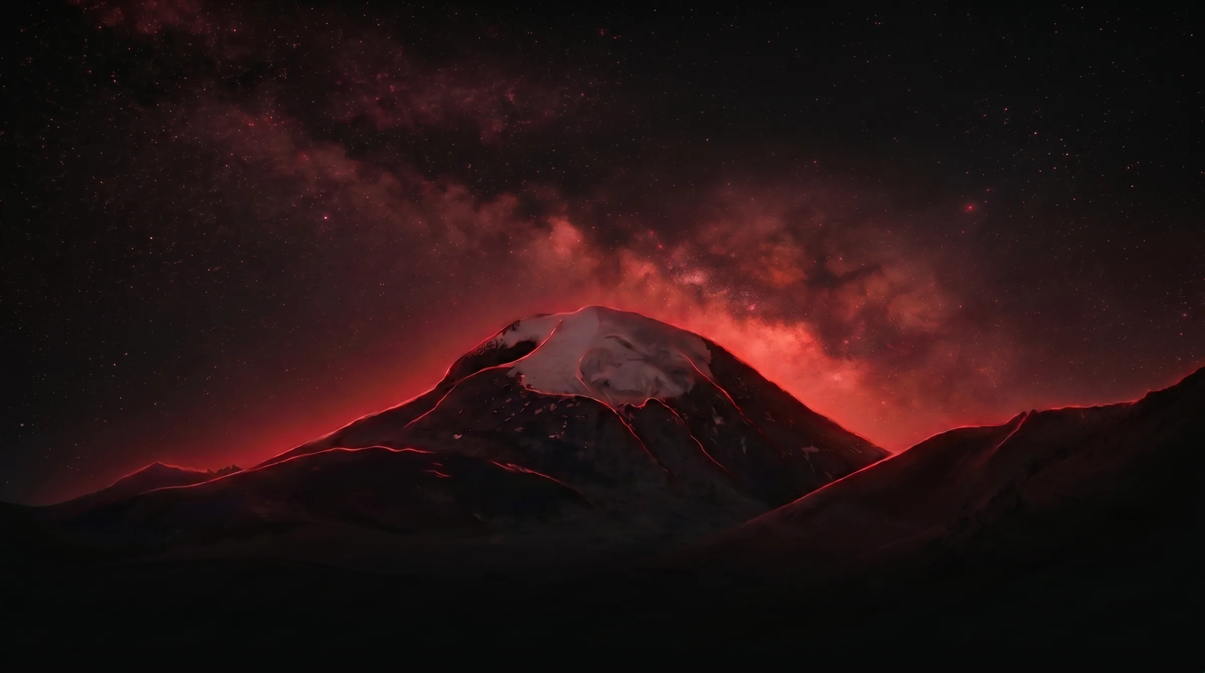 Mount Otgontenger at night under a faint red Milky Way, a dormant crimson glow along the ridgeline.